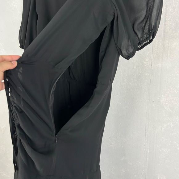 LOFT size 14 Tall black dress side ruched chiffon short sleeve v-neck side zip - Picture 8 of 14